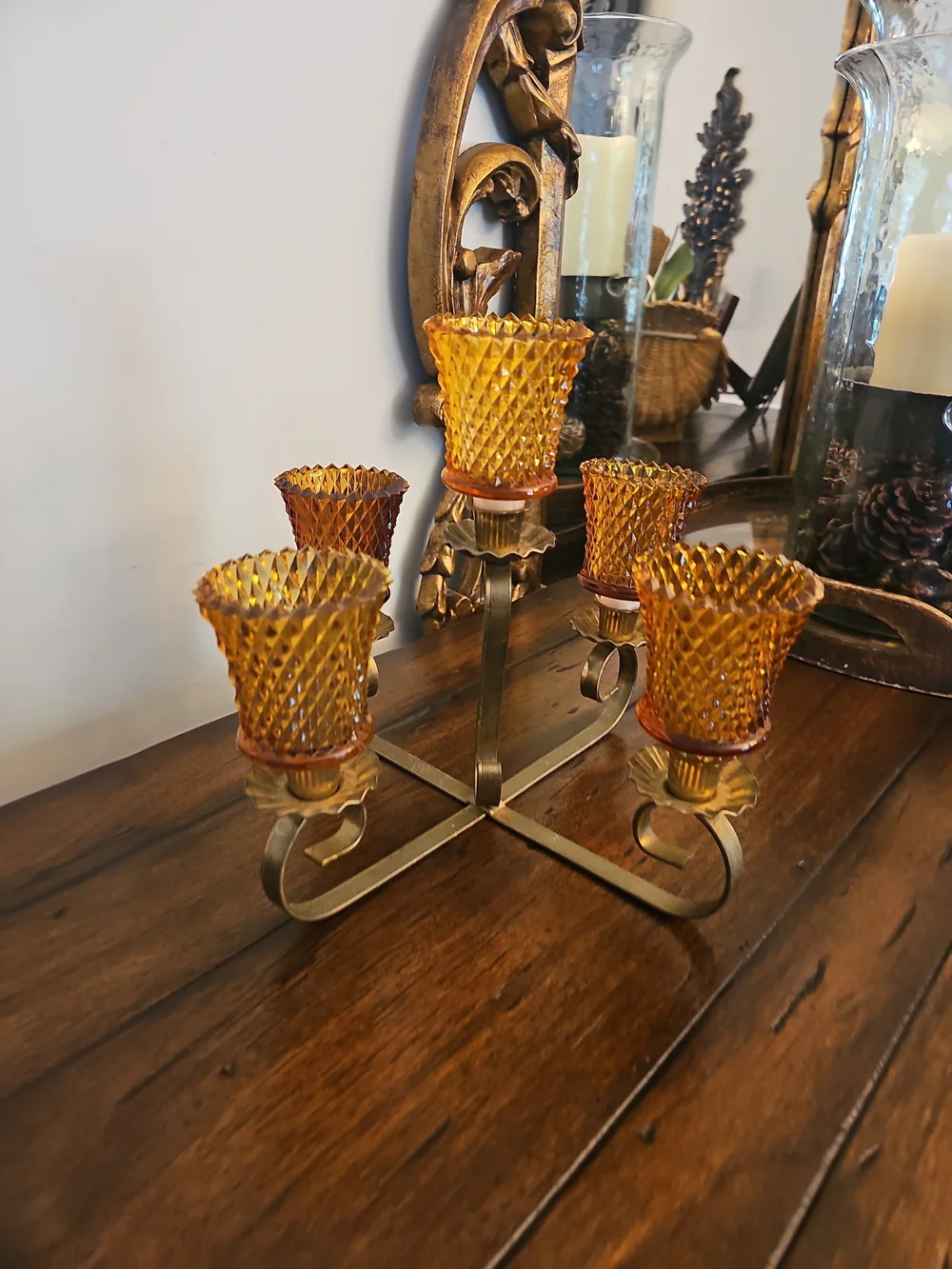 Vtge Amber Glass and Brass 5-Arm Candleholder Centerpiece  Unique With Votives.
